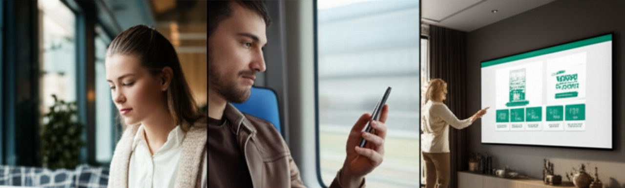 Un montaggio che mostra tre individui caucasici che interagiscono con contenuti digitali su un tablet, uno smartphone e una smart TV, dimostrando l'esperienza omnichannel senza soluzione di continuità fornita da un CMS headless commerce.
