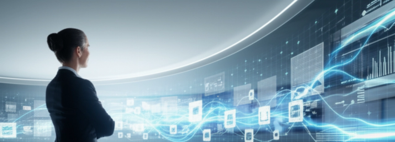 Una dirigente d'azienda caucasica in una sala di controllo futuristica, che supervisiona una vista panoramica di nodi digitali interconnessi e flussi di dati, simboleggiando la scalabilità e il controllo offerti da un CMS headless commerce.