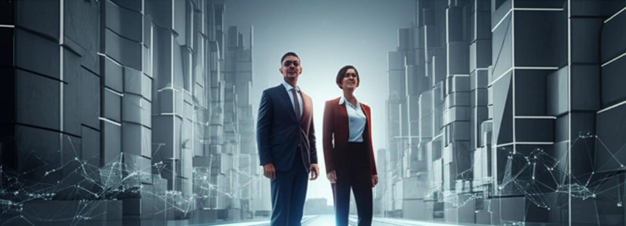 Immagine iperrealistica di due professionisti su un percorso digitale che conduce a una città futuristica, simboleggiando la natura agile e a prova di futuro del commercio headless.