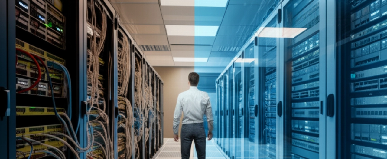 Immagine iperrealistica che contrappone una caotica sala server monolitica a servizi cloud puliti e modulari, simboleggiando la transizione a headless. Una persona caucasica osserva.