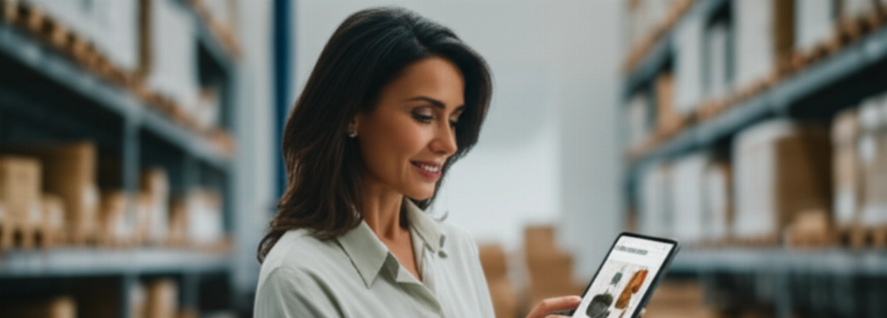 Immagine iperrealistica di una sicura imprenditrice caucasica che visualizza un negozio e-commerce di successo su un tablet in un moderno centro di evasione ordini.