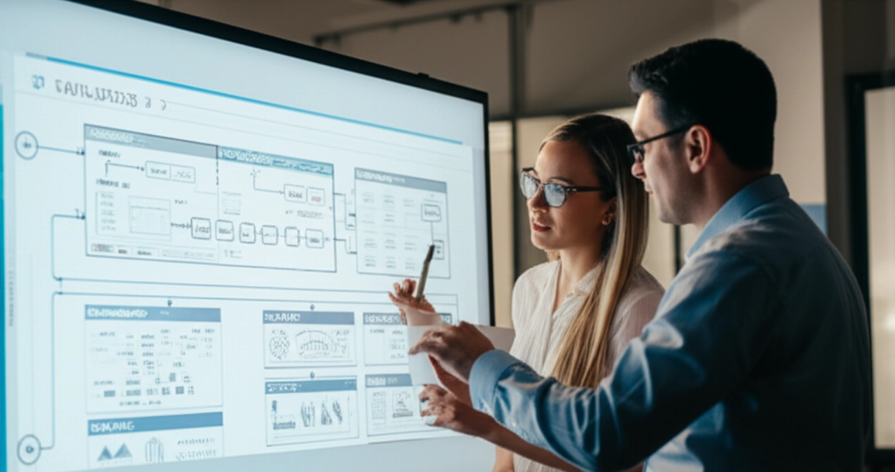 Immagine iperrealistica di due professionisti caucasici che collaborano attorno a un grande schermo che mostra l'architettura e le analisi di un sito Magento in un ufficio moderno.