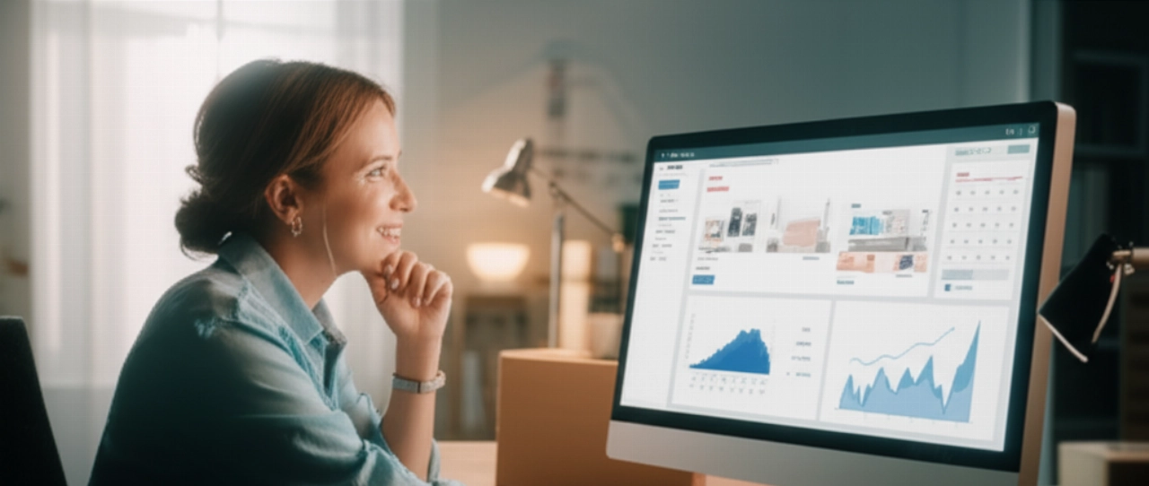 Una proprietaria di piccola impresa caucasica di successo che visualizza felicemente la crescita delle vendite e-commerce su un monitor, riflettendo il successo del suo negozio Shopify.