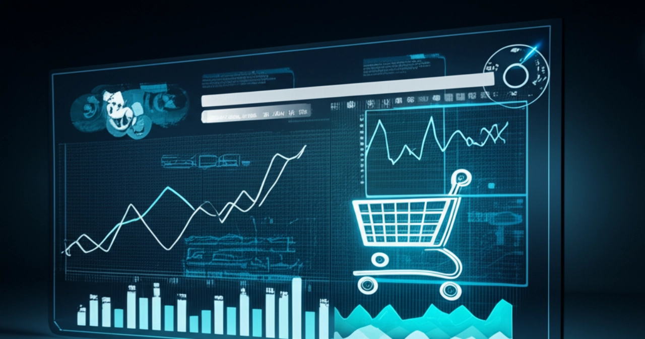 Un'interfaccia di sito web e-commerce futuristica proiettata olograficamente, che simboleggia la crescita digitale.