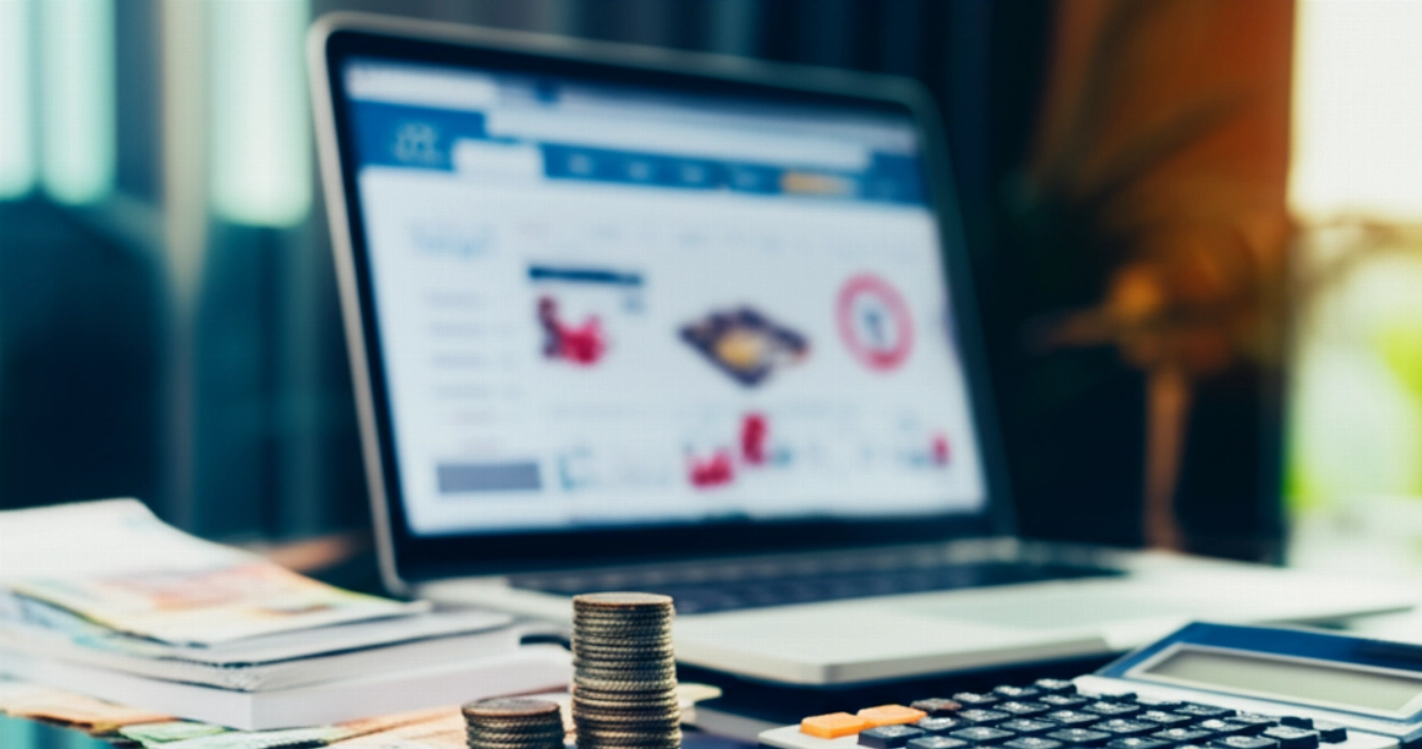 Primo piano di monete, una calcolatrice e un laptop che mostra un sito e-commerce, a simboleggiare costi e investimenti.