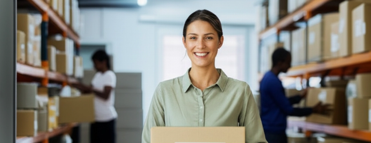 Donna caucasica fiduciosa che tiene una scatola di spedizione in un moderno centro di evasione ordini e-commerce, a simboleggiare la crescita del business.