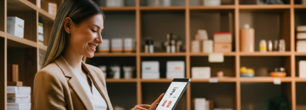 Un'imprenditrice caucasica sorridente osserva una dashboard e-commerce ben organizzata su un tablet, simboleggiando operazioni ottimizzate e crescita aziendale.