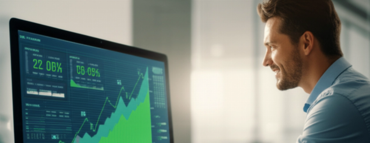 Uomo professionista che esamina i dati di conversione e-commerce su uno schermo, rappresentando la crescita e l'ottimizzazione del business.