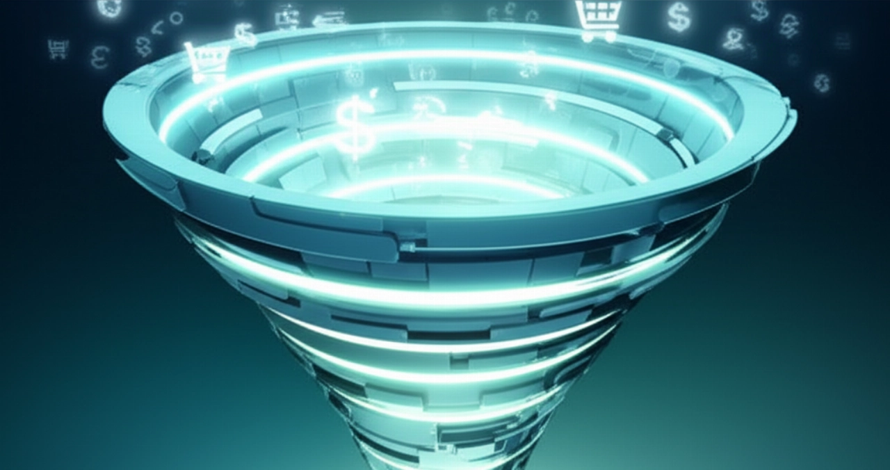 Imbuto digitale astratto con elementi luminosi, che simboleggia un processo di conversione e-commerce ottimizzato ed efficienza.