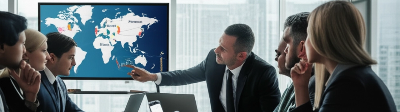 Dirigenti d'azienda caucasici che collaborano attorno a un tavolo da conferenza con tablet digitali che mostrano grafici e analisi del mercato internazionale.