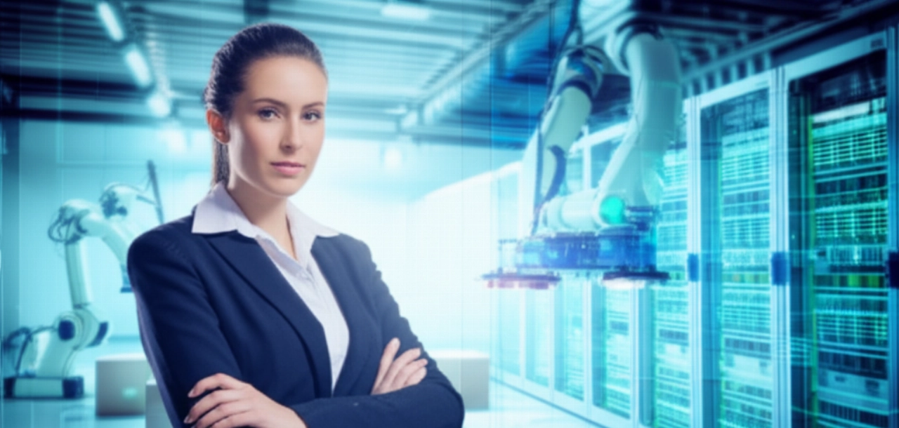 Professionista caucasica sicura di sé di fronte a un magazzino automatizzato moderno o un centro dati ad alta tecnologia sfocato, che simboleggia la logistica globale e la gestione dei dati.