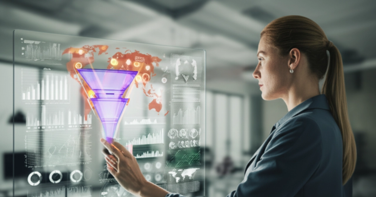 Immagine iperrealistica di una professionista caucasica che analizza dati di e-commerce globali su un grande schermo trasparente, raffigurante il processo decisionale strategico nel marketing internazionale.