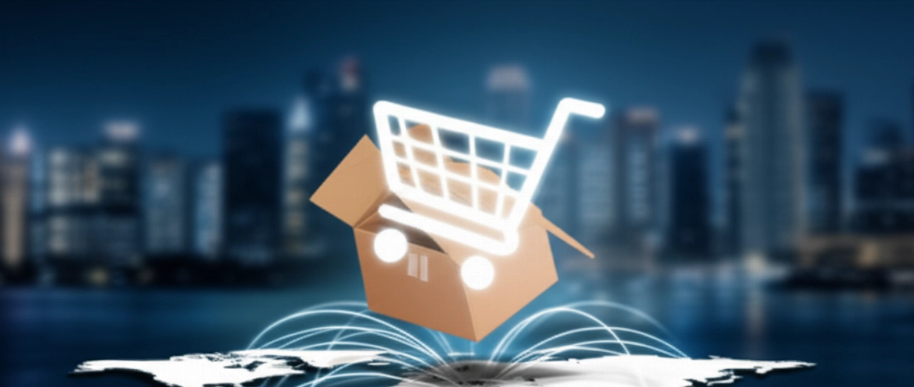 Immagine concettuale iperrealistica che mostra un carrello della spesa digitale che si trasforma in un pacco fisico sopra una mappa del mondo illuminata, a simboleggiare l'adempimento e-commerce internazionale senza interruzioni e la logistica globale.