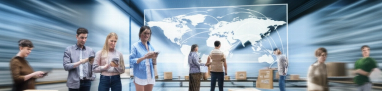 Immagine iperrealistica di un hub e-commerce globale con consegna automatizzata di pacchi e una mappa digitale del mondo, che mostra transazioni internazionali fluide e diversi clienti caucasici.