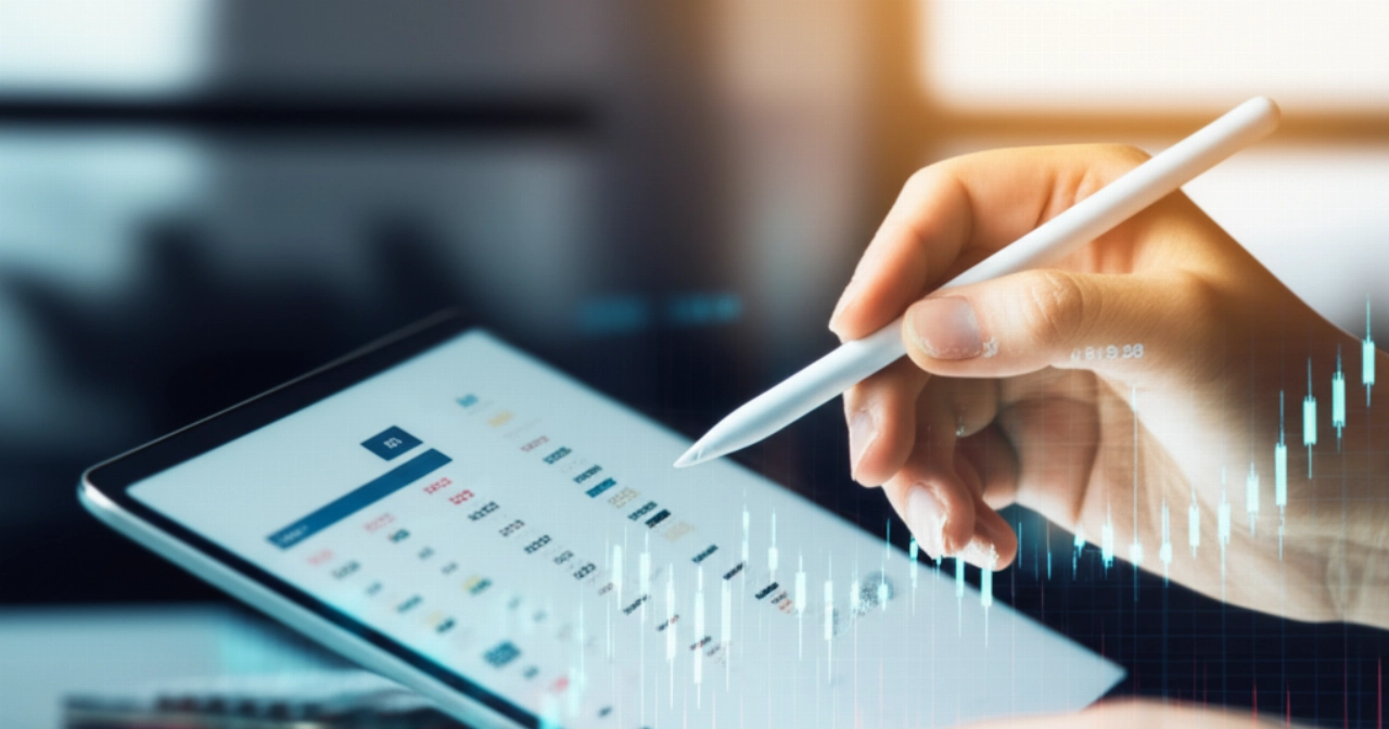 Mani caucasiche interagiscono con un tablet che mostra grafici finanziari complessi e calcoli fiscali internazionali per l'e-commerce.