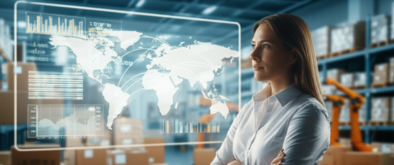 Un'imprenditrice caucasica fiduciosa in un centro di evasione e-commerce, che simboleggia la gestione fiscale internazionale di successo e la crescita globale.