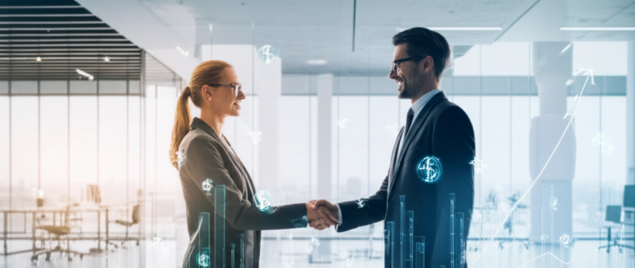 Due leader aziendali caucasici si stringono la mano, simboleggiando la partnership internazionale e la crescita, con grafici finanziari astratti sullo sfondo.