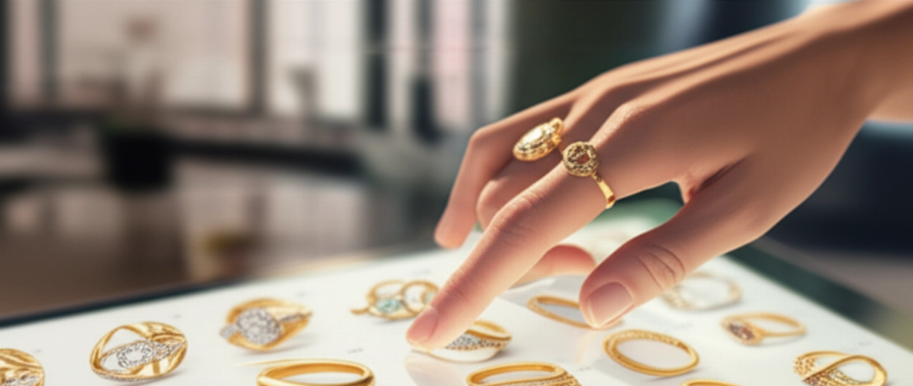 Immagine iperrealistica della mano elegante di una donna caucasica che interagisce con un tablet che mostra una splendida gamma di anelli d'oro, simboleggiando la comodità dello shopping di gioielli online.