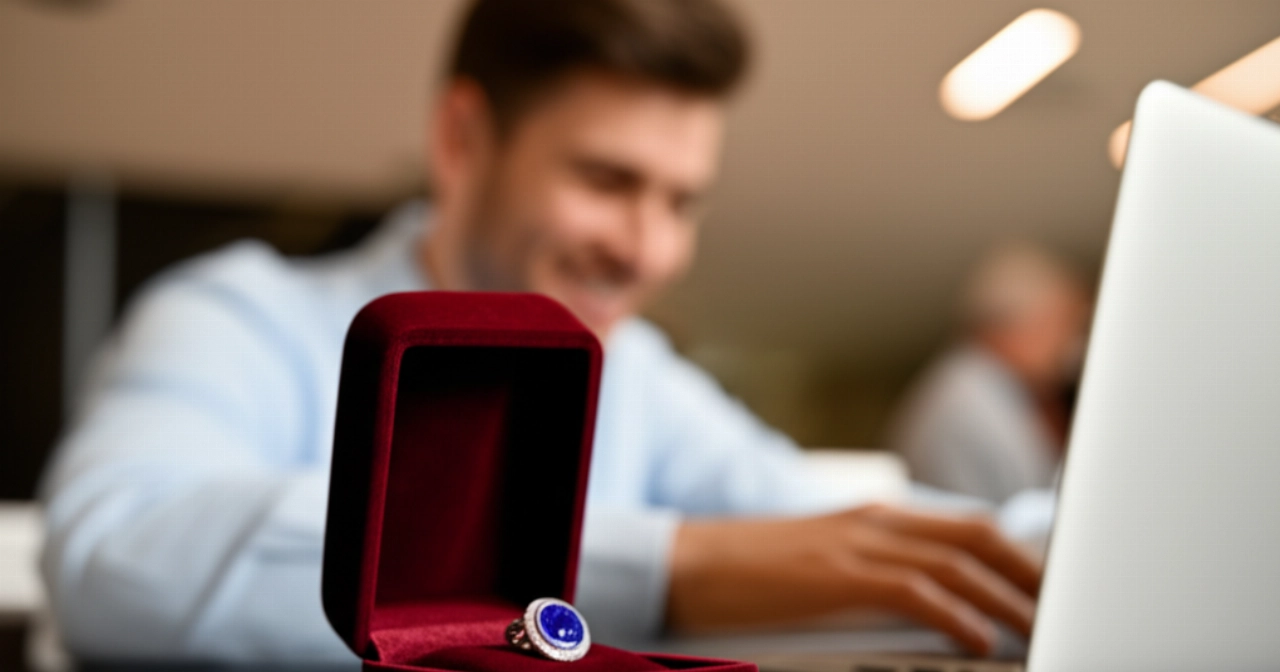 Immagine iperrealistica di uno splendido ciondolo di zaffiro in una lussuosa scatola di velluto, con un uomo caucasico sorridente in sottofondo che guarda un laptop, suggerendo un acquisto di gioielli online di successo.