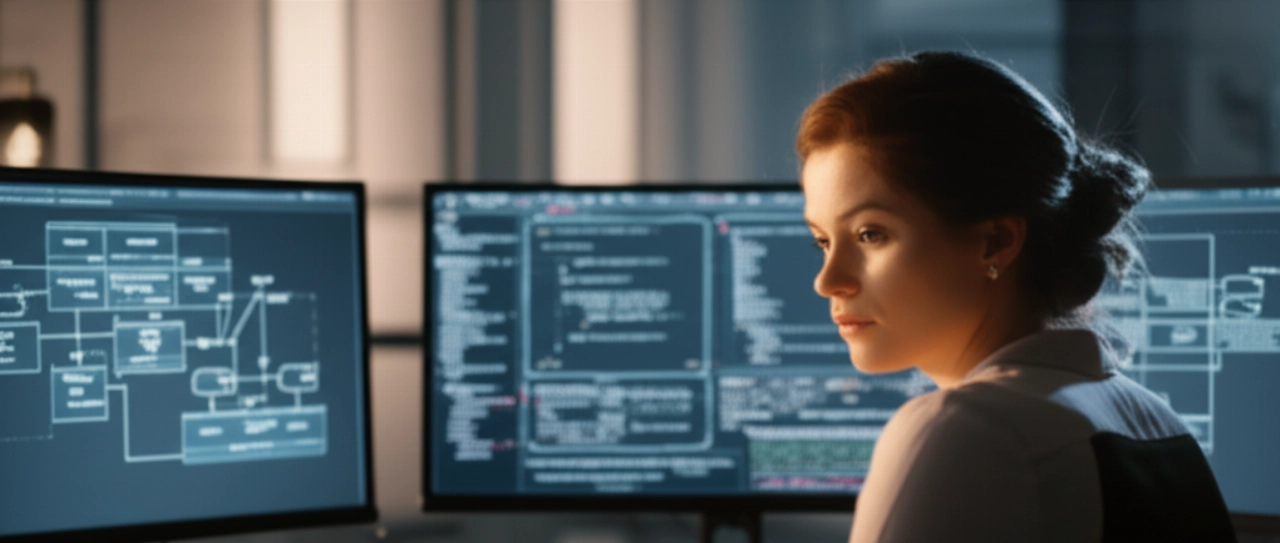Un'immagine iperrealistica 16:9 di una donna architetto del software caucasica che lavora intensamente su una postazione multi-schermo, mostrando codice e diagrammi relativi all'architettura Mach in un ufficio moderno.