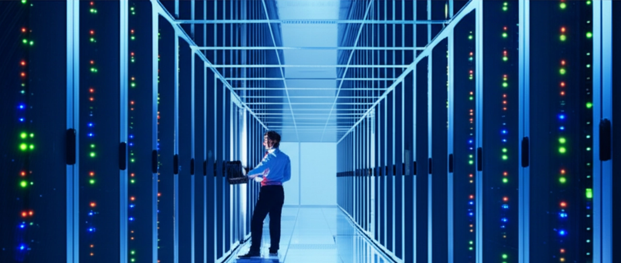 Un'immagine iperrealistica 16:9 di una vasta sala server meticolosamente pulita con file di rack di server, che rappresenta la scala in cui l'architettura Mach potrebbe operare, con un tecnico caucasico che controlla un pannello.