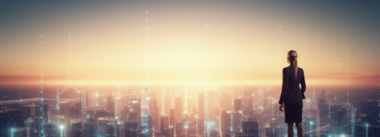 Un'imprenditrice caucasica guarda con fiducia verso un orizzonte cittadino digitalmente migliorato all'alba, simboleggiando nuove opportunità e crescita nell'e-commerce.