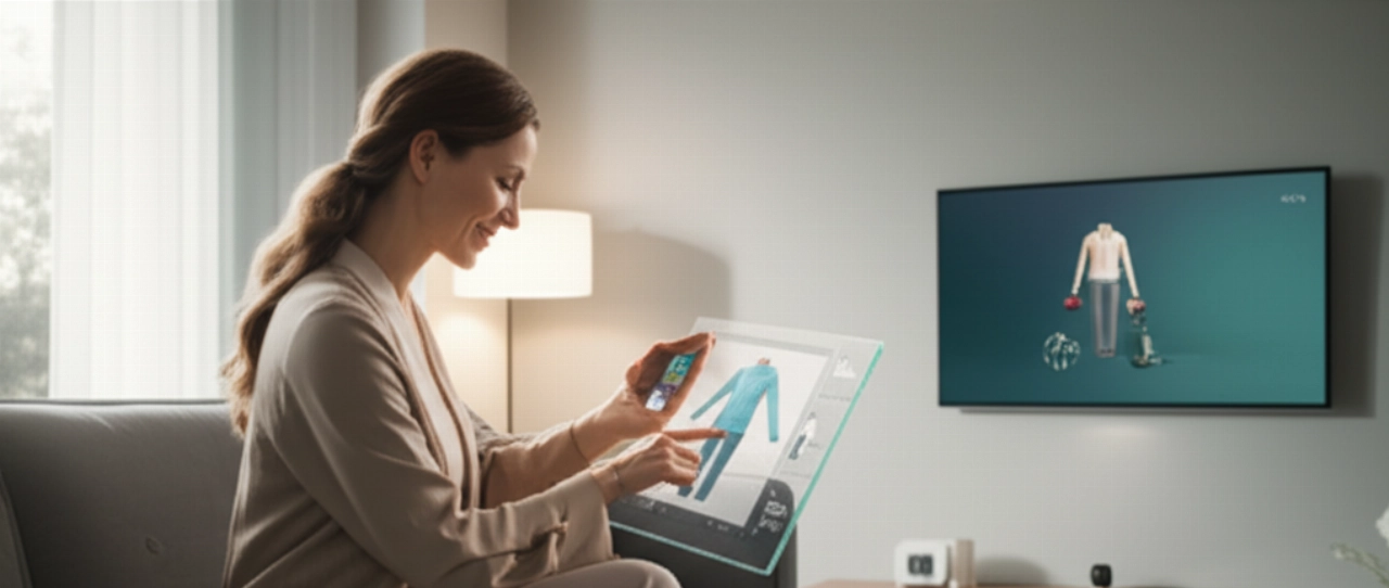 Una donna caucasica che gode di un'esperienza e-commerce fluida e personalizzata su più dispositivi in una casa futuristica, evidenziando l'innovazione nel commercio headless.