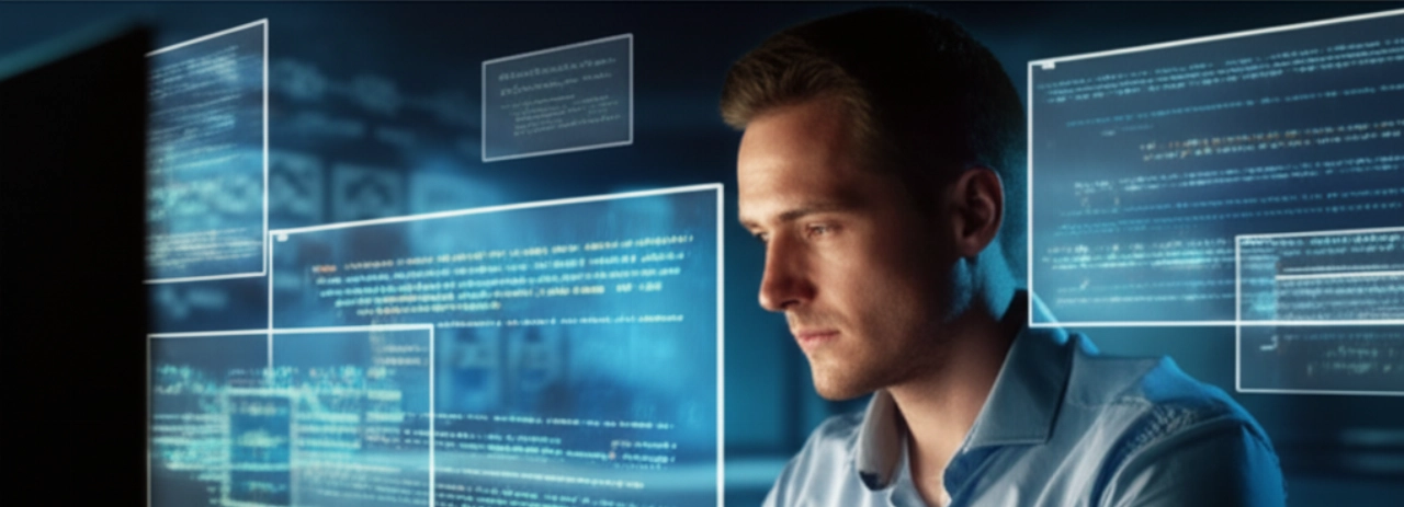 Uno sviluppatore caucasico che programma intensamente tra schermi olografici, simboleggiando la modularità e la potenza dell'architettura headless e la libertà dello sviluppatore.