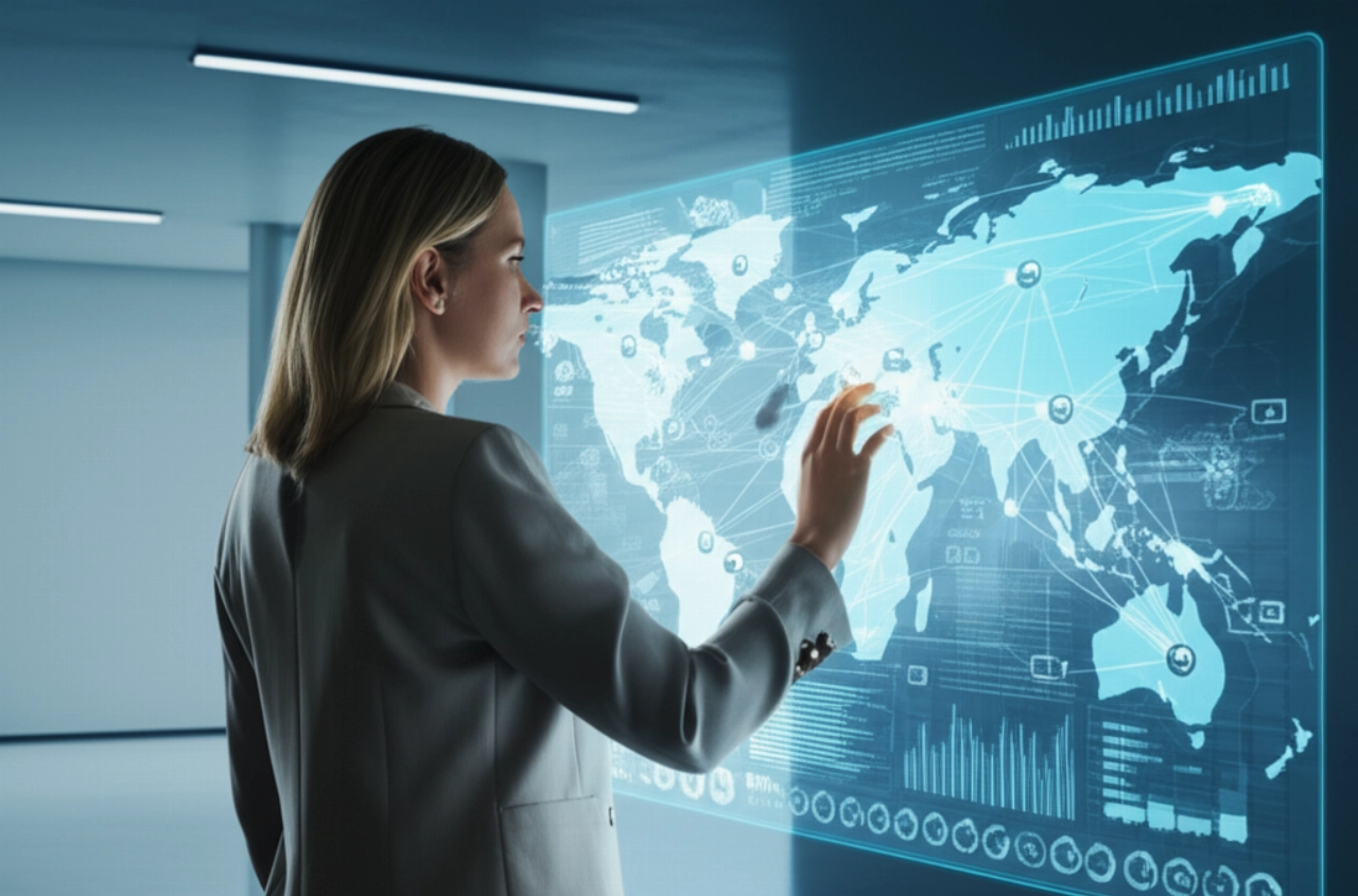 Una stratega e-commerce caucasica interagisce con un grande display olografico trasparente che visualizza negozi Magento interconnessi come una rete globale in un centro di comando futuristico.
