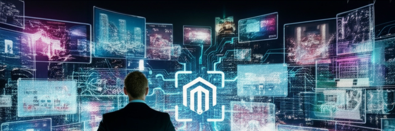 Una città digitale iperrealistica di notte, che raffigura innumerevoli vetrine e-commerce e flussi di dati che convergono verso un nucleo centrale "Magento", con un professionista caucasico che osserva la vasta rete.