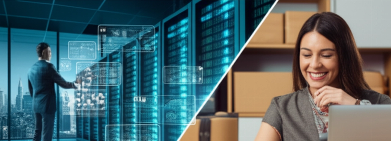 Un'immagine iperrealistica divisa: a sinistra un CEO caucasico in una sala server che simboleggia la scalabilità di Magento, a destra una piccola imprenditrice caucasica in un accogliente ufficio domestico che rappresenta la facilità d'uso di WooCommerce.