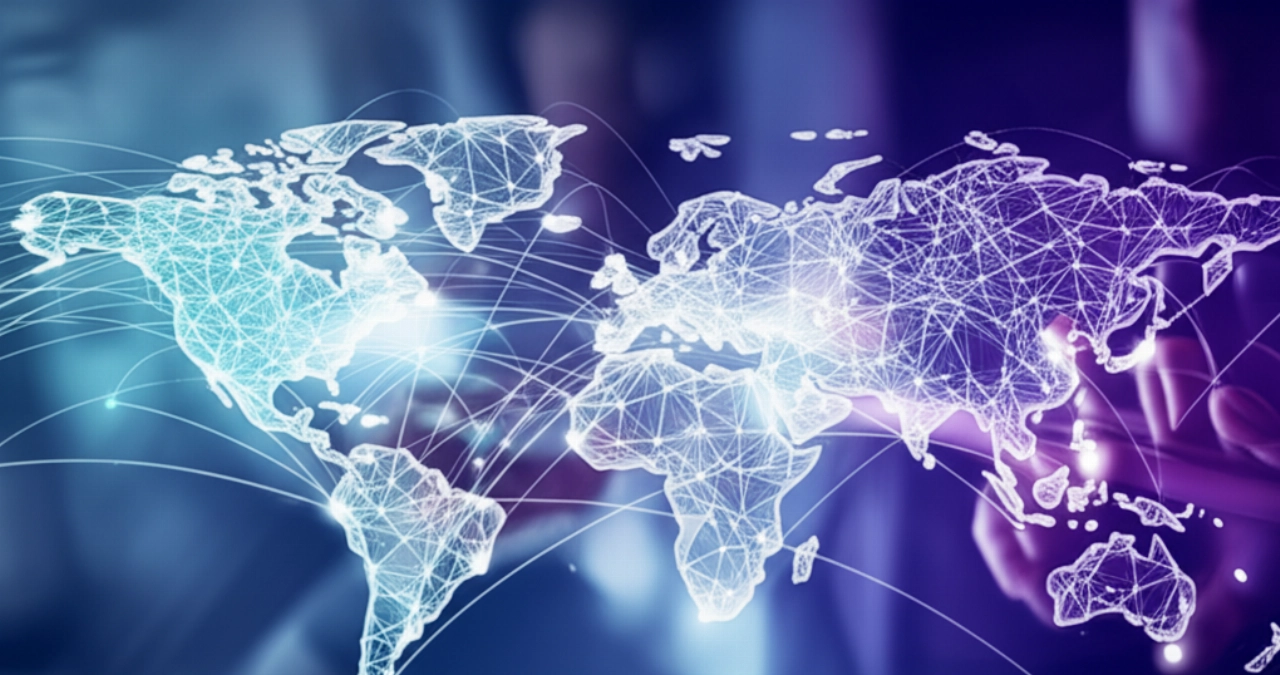 Un'immagine iperrealistica astratta di un marketplace digitale globale con linee luminose interconnesse su una mappa del mondo, che simboleggiano vaste reti e connessioni.