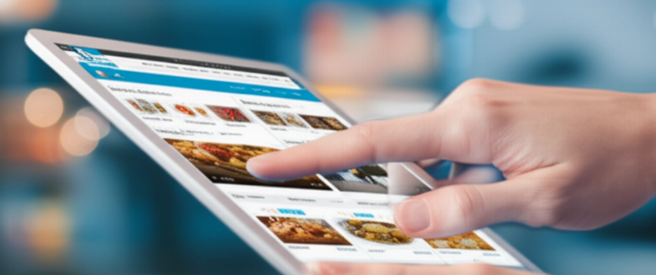 Un primo piano iperrealistico di una mano caucasica che interagisce con un tablet che mostra un'applicazione di marketplace digitale intuitiva, enfatizzando l'esperienza utente.