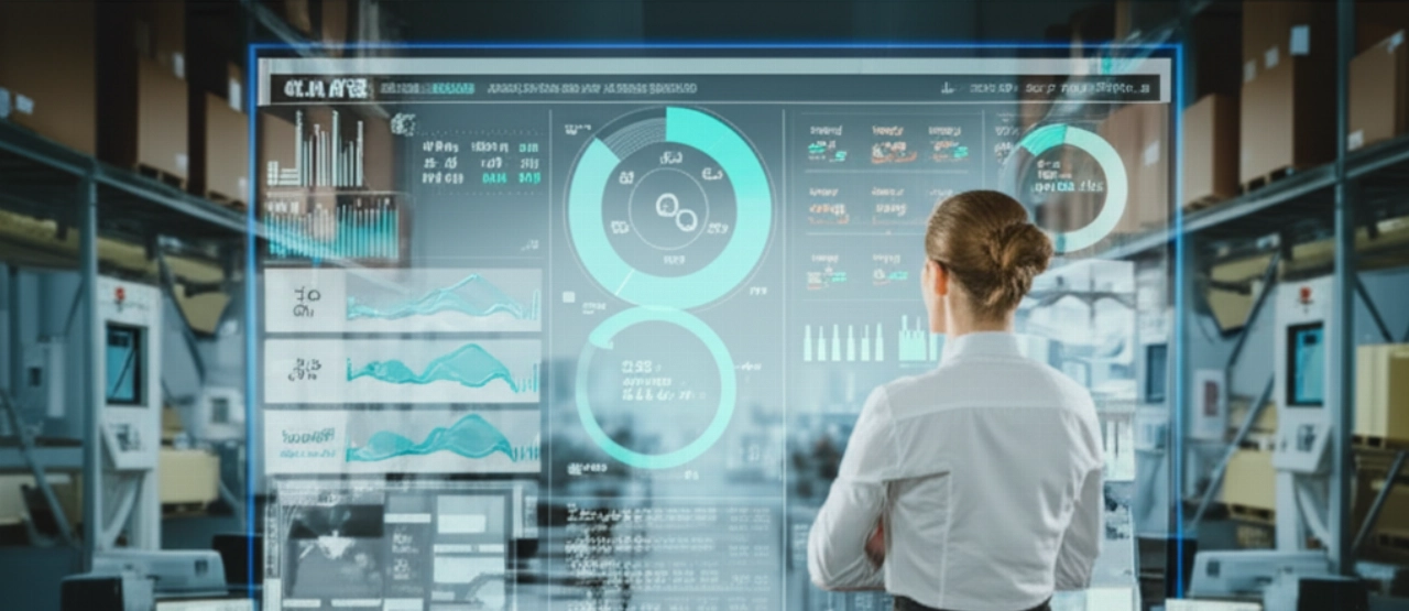 Un dirigente caucasico osserva con sicurezza un dashboard digitale con KPI di e-commerce in un moderno centro di evasione ordini, simboleggiando operazioni efficienti e crescita.