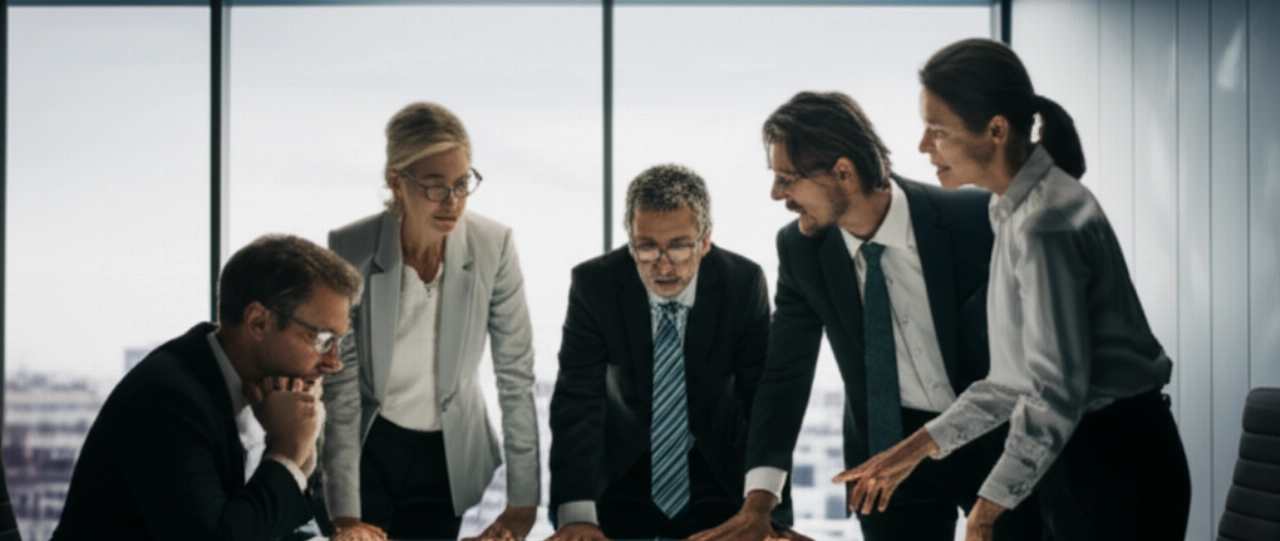 Leader aziendali caucasici in una moderna sala riunioni, prendono decisioni strategiche basate su dati unificati di e-commerce, CRM ed ERP visualizzati su uno schermo interattivo.