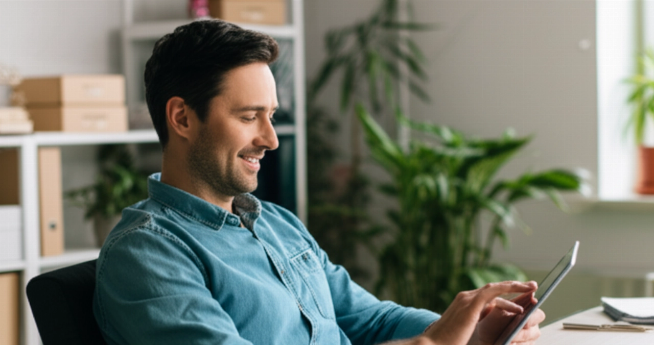 Un imprenditore caucasico sorridente gestisce facilmente il suo negozio e-commerce su un tablet, mostrando efficienza.