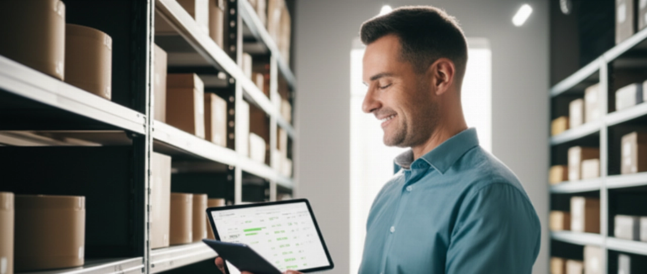 Un imprenditore caucasico sorride e guarda con sicurezza una schermata di gestione degli ordini di Shopify su un tablet in un magazzino moderno, pulito e organizzato, a simboleggiare la crescita e l'efficienza aziendale.