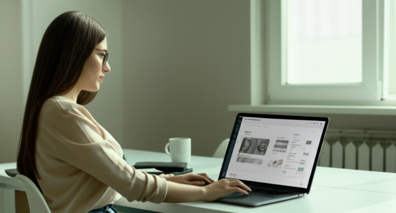Una donna caucasica è seduta rilassata e concentrata, lavorando su un laptop che mostra una chiara interfaccia di gestione prodotti di Shopify in un ufficio domestico luminoso e minimalista, a simboleggiare la facilità d'uso e la riduzione dello stress.