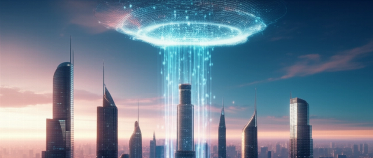 Un paesaggio urbano futuristico iperrealistico all'alba, con 'blocchi di costruzione' digitali luminosi che salgono verso un hub di dati simile a una nuvola, simboleggiando la scalabilità e la prova futura di un'architettura headless.
