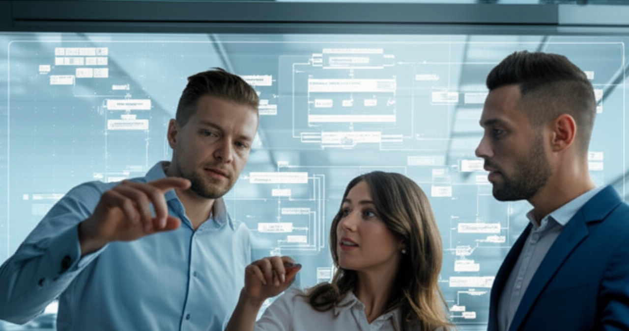 Un team di professionisti caucasici che collaborano in modo efficiente su uno schermo moderno, illustrando un processo di migrazione dati fluido e una trasformazione digitale.