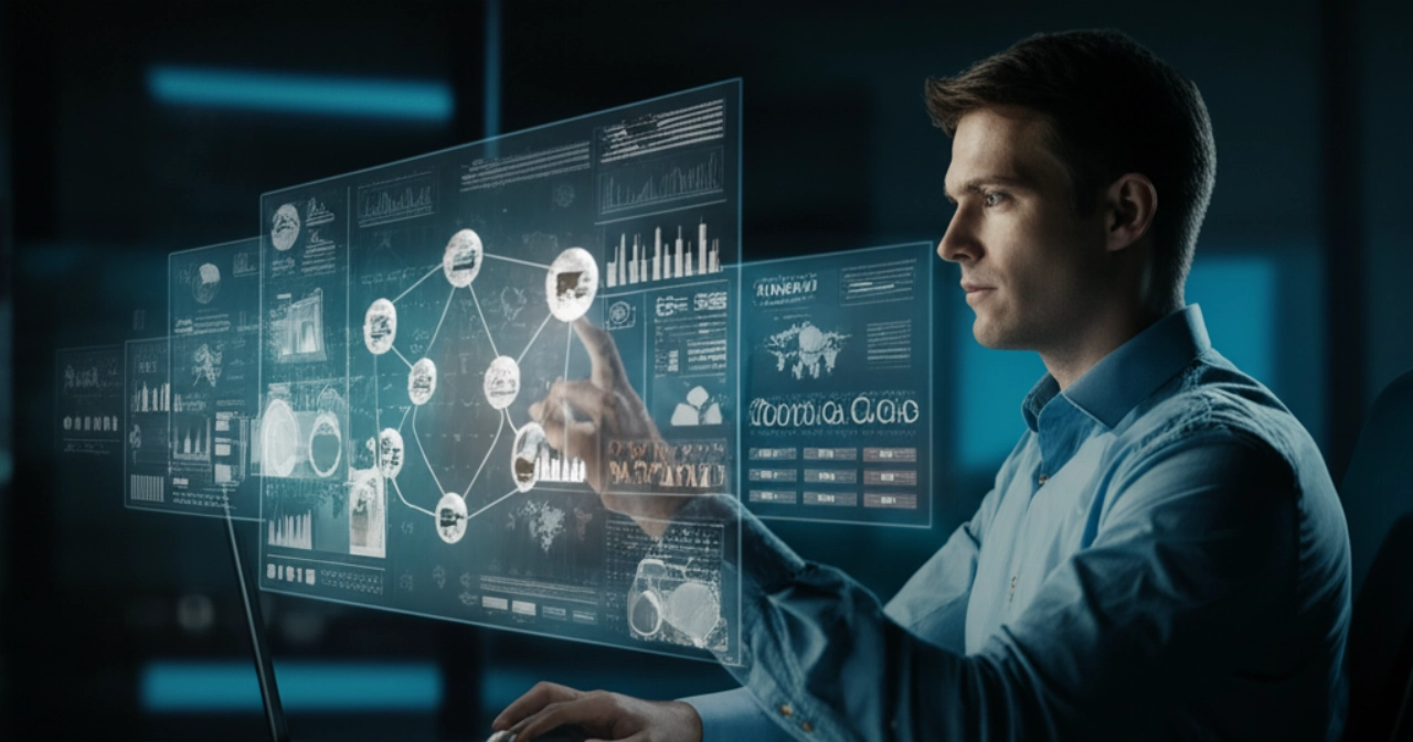 Uno stratega e-commerce caucasico interagisce con un'interfaccia futuristica che mostra analisi avanzate e una rete scalabile, simboleggiando la potenza di una piattaforma premium.