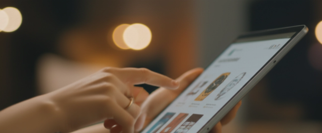 Primo piano di mani caucasiche che interagiscono con un tablet che mostra una piattaforma e-commerce multi-brand, evidenziando prodotti diversificati e un'interfaccia user-friendly in un ambiente sofisticato.