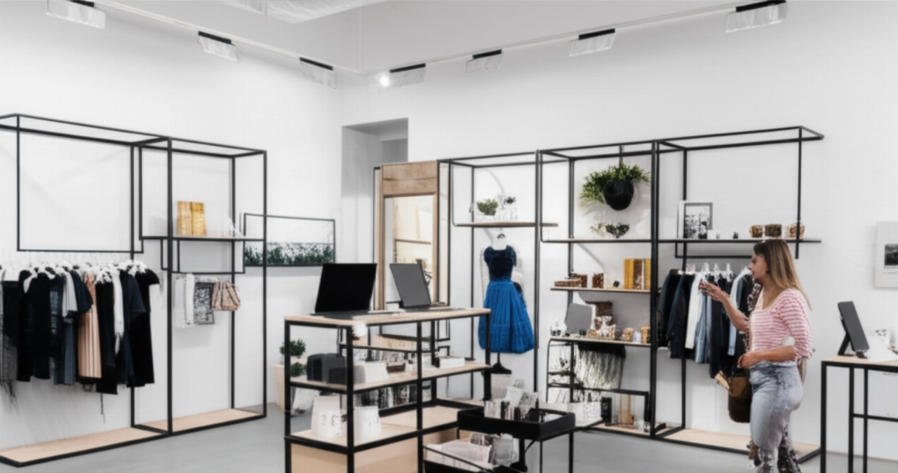 Uno showroom moderno espone diverse categorie di prodotti come moda, elettronica e articoli per la casa, suggerendo le offerte di una piattaforma e-commerce multi-brand, con una modella caucasica che curiosa.