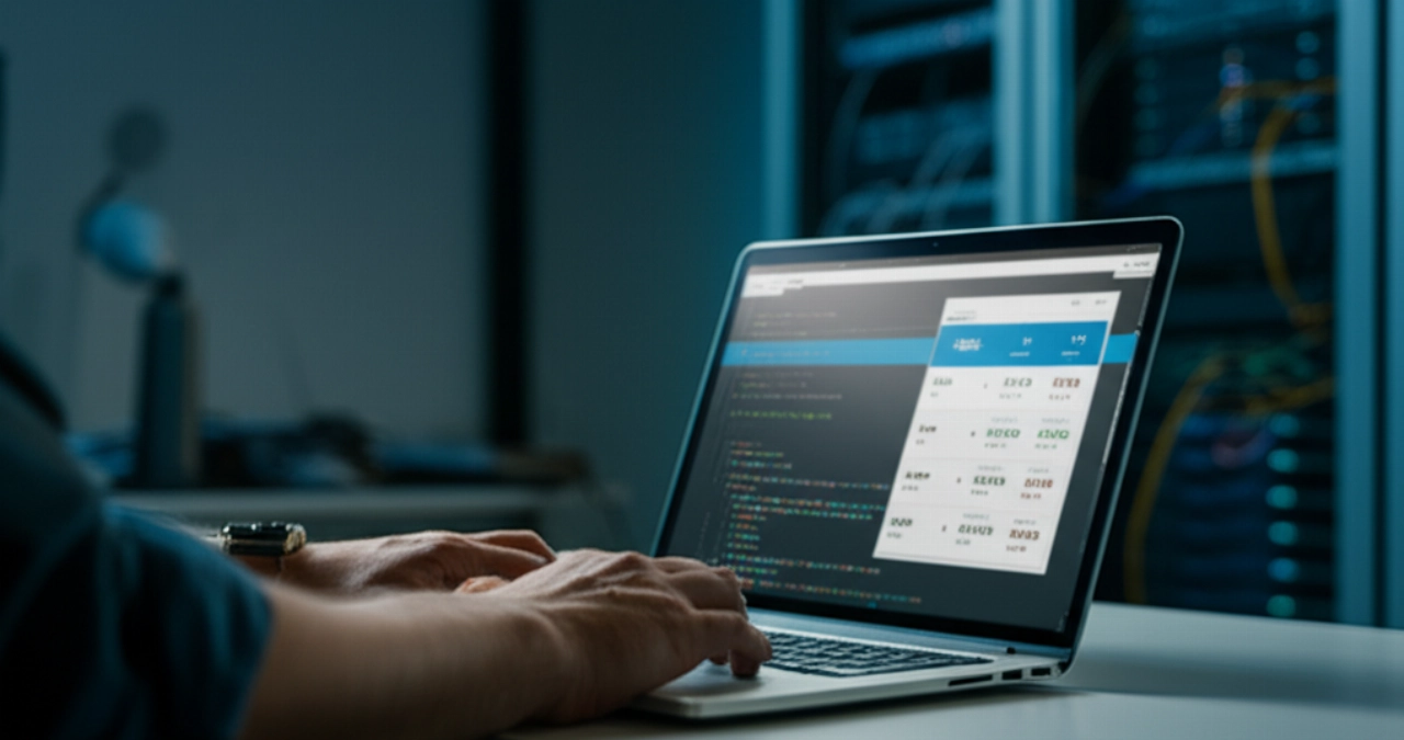 Un ingegnere software caucasico lavora su un laptop, mostrando codice e un'interfaccia e-commerce multi-valuta, simboleggiando lo sviluppo di e-commerce multi-valuta.