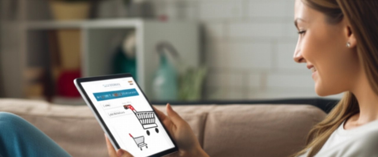 Una donna caucasica sorridente che fa acquisti online su un tablet, con lo schermo che mostra opzioni multi-valuta, illustrando l'e-commerce multi-valuta senza interruzioni.