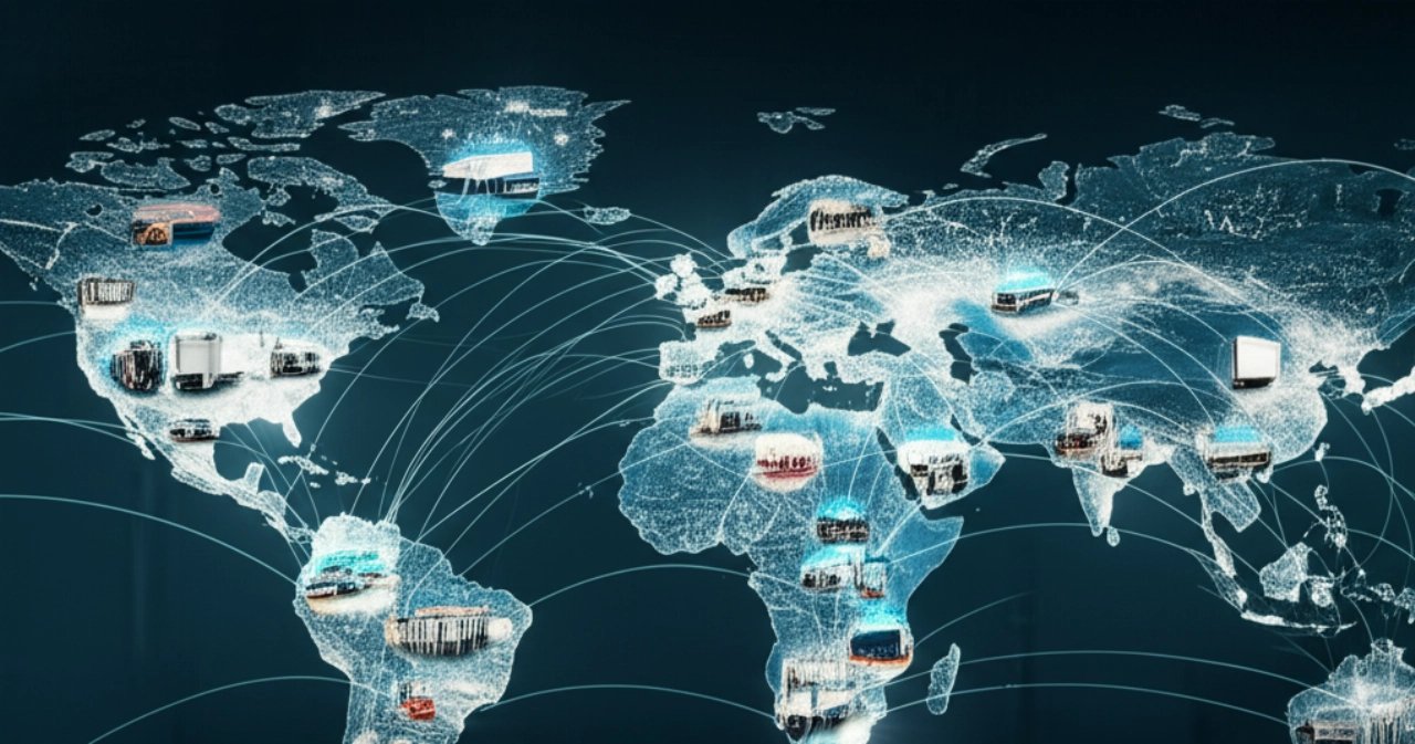 Un'immagine concettuale iperrealistica di una rete di inventario multicanale globale, che mostra i prodotti che fluiscono senza soluzione di continuità attraverso magazzini, fabbriche e canali di vendita interconnessi in tutto il mondo su una mappa global