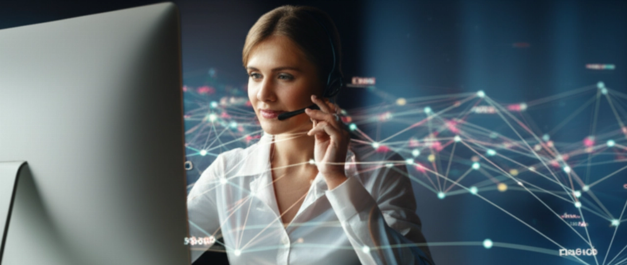 Rappresentante del servizio clienti caucasica che si connette globalmente con i clienti, circondata da linee astratte di comunicazione globale.