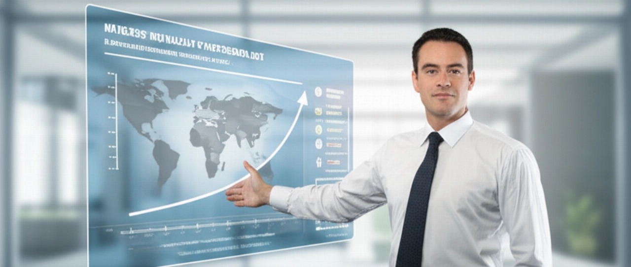 Un'immagine iperrealistica di un dirigente caucasico che indica con sicurezza un display digitale che mostra un grafico in crescita, simboleggiando una significativa riduzione dei costi e una maggiore efficienza nelle operazioni di e-commerce multilingue.