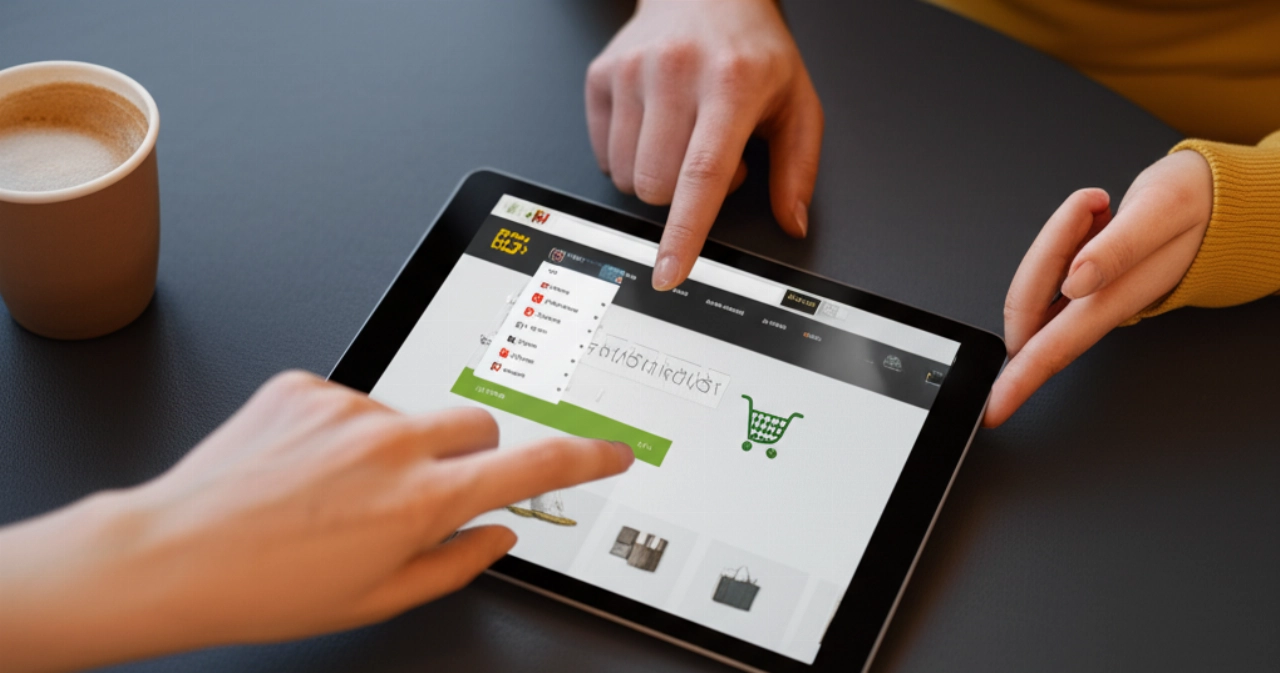 Un primo piano iperrealistico di mani caucasiche che interagiscono con un tablet che mostra un sito web di e-commerce multilingue con varie opzioni linguistiche e un carrello acquisti, enfatizzando l'esperienza utente fluida e i benefici della localizzazi
