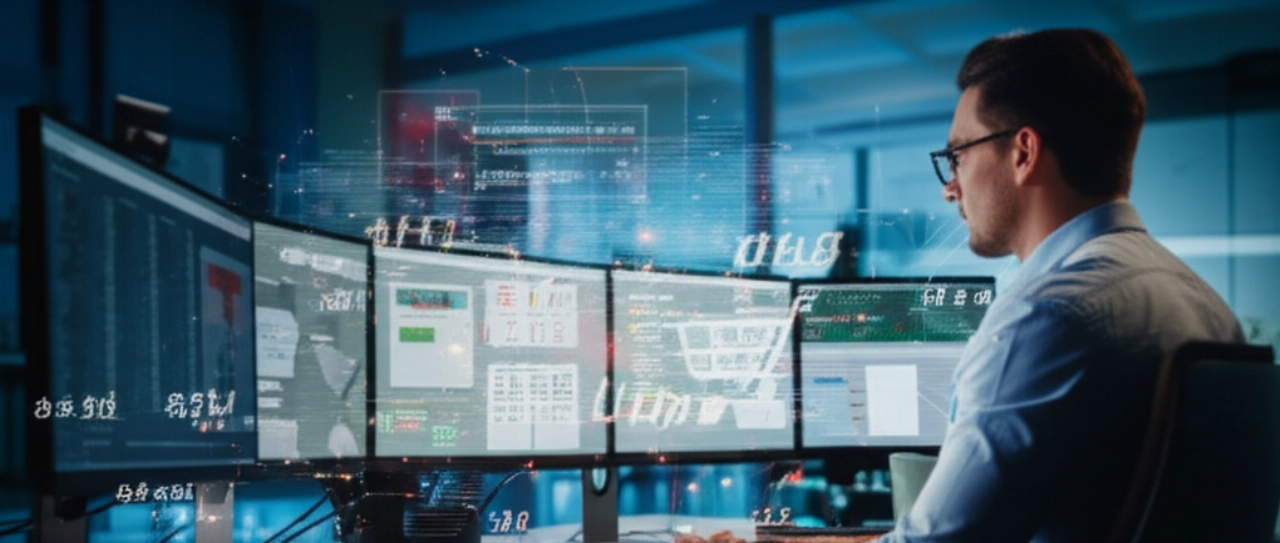 Un ingegnere del software caucasico lavora intensamente su più schermi che mostrano codice, dati globali e interfacce e-commerce multilingue in un moderno ufficio tecnologico.